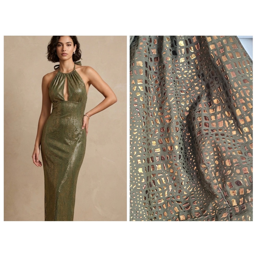 VTG Cache Halter Maxi Dress‎ Womens Size 8 Olive Gold Metallic Y2K Evening Wear
